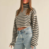 Stripe High Neck Oversize Crop Sweater Khaki