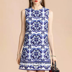 Tile-Print Brocade Mini Dress Blue