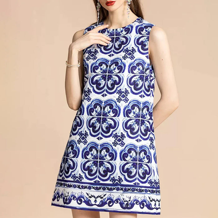 Tile-Print Brocade Mini Dress Blue