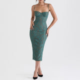 Vintage Lace Bodycon Cocktail Midi Dress Forest Green