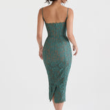 Vintage Lace Bodycon Cocktail Midi Dress Forest Green