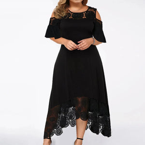 Plus Size Shoulder Cut Out Lace Hem Embroidery Midi Dress Black