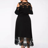 Plus Size Shoulder Cut Out Lace Hem Embroidery Midi Dress Black