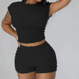 Bubble Crop Top and Shorts Matching Set  Black