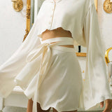 Satin Blouse and Skirt Matching Set White