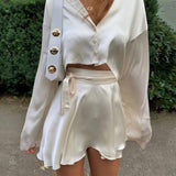 Satin Blouse and Skirt Matching Set White