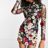 Floral Embroidery Backless Long Sleeve Mini Dress Black