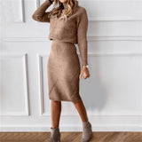 2-Piece Knitted Cross Striped Sweater and Midi Skirt Set