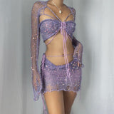 Knitted Sequin Crop Top and Skirt Matching Set Purple