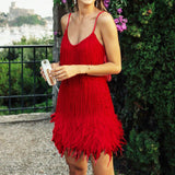 Sleeveless Fringed Sequin Feathered Mini Dress Red