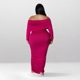 Plus Size Off Shoulder Ruched Long Sleeve Maxi Dress Pink