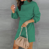 Long Sleeve Turtleneck Sweater Mini Dress With Belt Green