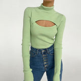 Long Sleeve Hollow Out Turtleneck Pullover Sweater Green