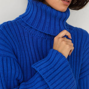 Knitted Cotton Turtleneck Crop Sweater Blue