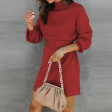 Long Sleeve Turtleneck Sweater Mini Dress With Belt Red