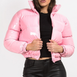 Glossy Faux Patent Leather Puffer Jacket Pink