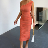 Double Layer Ruched Mesh Midi Dress Coral