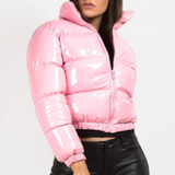 Glossy Faux Patent Leather Puffer Jacket Pink