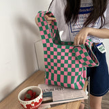 Knitted Fabric Checkered Handbag Green/Pink