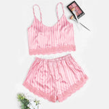 2-Piece Satin Lace Detail Camisole Sleepwear Set Pink
