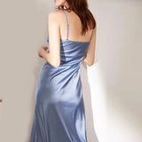 Adjustable Strap Satin Midi Dress Blue