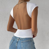 Short Sleeve Backless Crop Top White
