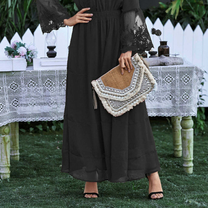 black long sleeve boho maxi dress Long Sleeve Panel Pleated Satin Maxi Dress in Black Black S