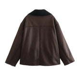 Fleece Faux Leather Coat Brown