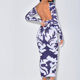 Backless Printed Bodycon Maxi dress Blue
