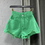 High Waist Colorful Denim Shorts Green