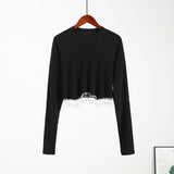 Rhinestone Tassel Loose Crop Sweater Black