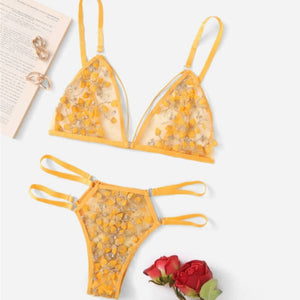 2-Piece Ultra Thin Floral Lingerie Set Yellow