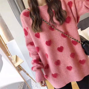 Soft Knitted Heart Print Sweater Red