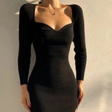 Knitted Long Sleeve Heart Collar Sweater Midi Dress Black