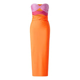 Colorblock Hollow Out Strapless Maxi Dress Orange