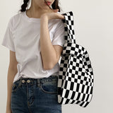 Knitted Fabric Checkered Handbag Black/White