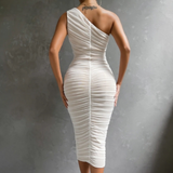 Double Layer Ruched Mesh Midi Dress White