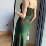 Sleeveless Floral Satin Maxi Dress Green