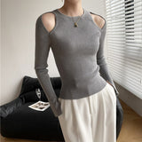 Cut Out Shoulder Long Sleeve Crop Sweater Gray