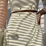 Round Neck Short Sleeve High Waist Cut Out Midi Dress Beige