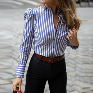 Striped Puffed Sleeve Blouse Top Blue