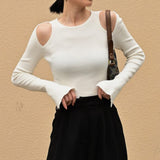 Cut Out Shoulder Long Sleeve Crop Sweater White