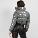 Glossy Faux Patent Leather Puffer Jacket Gray