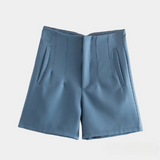 Solid High Waist Zipper Shorts Blue