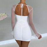 Two Layer Mesh Zipper Bodycon Mini Dress White