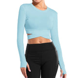 Long Sleeve Strappy Waist Workout Crop Top Blue
