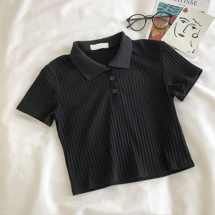 Short Sleeve Collar Button T-Shirt Black