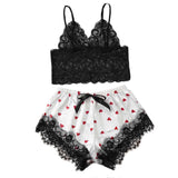 2-Piece Bralette Shorts Sleepwear Set Black/White Dot