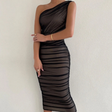 Double Layer Ruched Mesh Midi Dress Nude Black