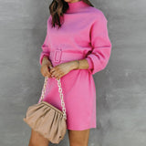 Long Sleeve Turtleneck Sweater Mini Dress With Belt Pink